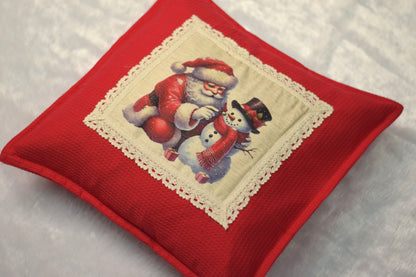 Vintage Santa & Snowman Christmas Cushion Cover - Honeycomb Knit, Lace Trim