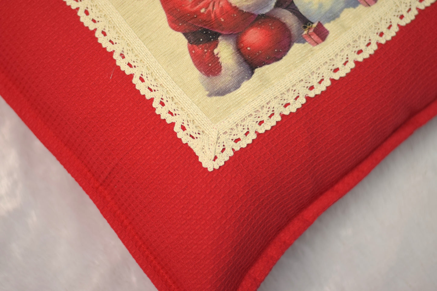 Vintage Santa & Snowman Christmas Cushion Cover - Honeycomb Knit, Lace Trim