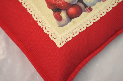 Vintage Santa & Snowman Christmas Cushion Cover - Honeycomb Knit, Lace Trim