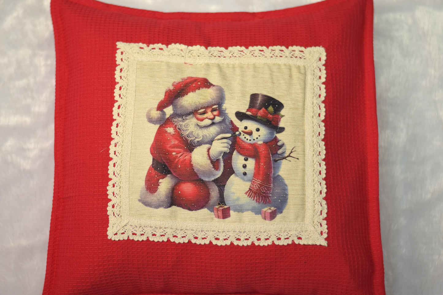 Vintage Santa & Snowman Christmas Cushion Cover - Honeycomb Knit, Lace Trim