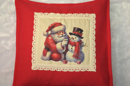 Vintage Santa & Snowman Christmas Cushion Cover - Honeycomb Knit, Lace Trim