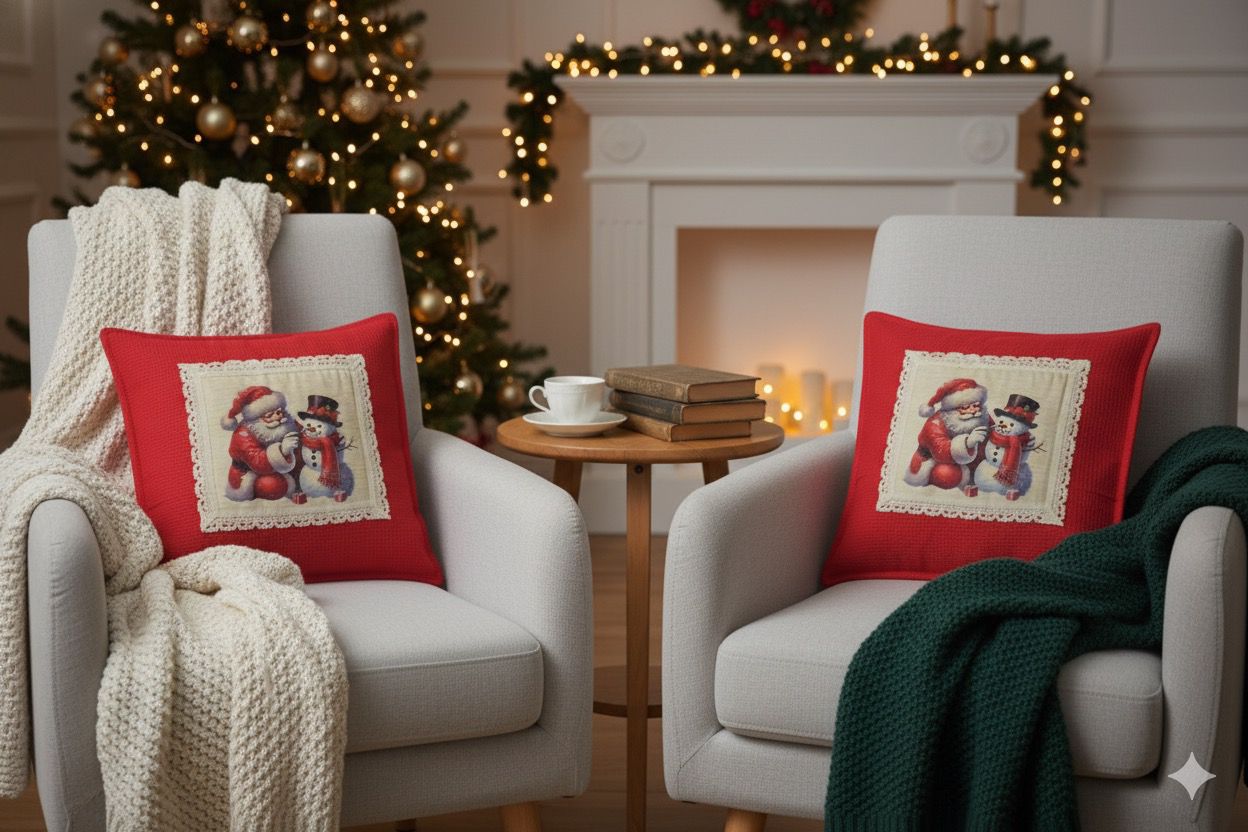 Vintage Santa & Snowman Christmas Cushion Cover - Honeycomb Knit, Lace Trim