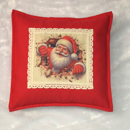 "Santa Breaks Through!" Christmas Cushion Cover | Red Honeycomb Fabric | 16x16 Holiday Decor