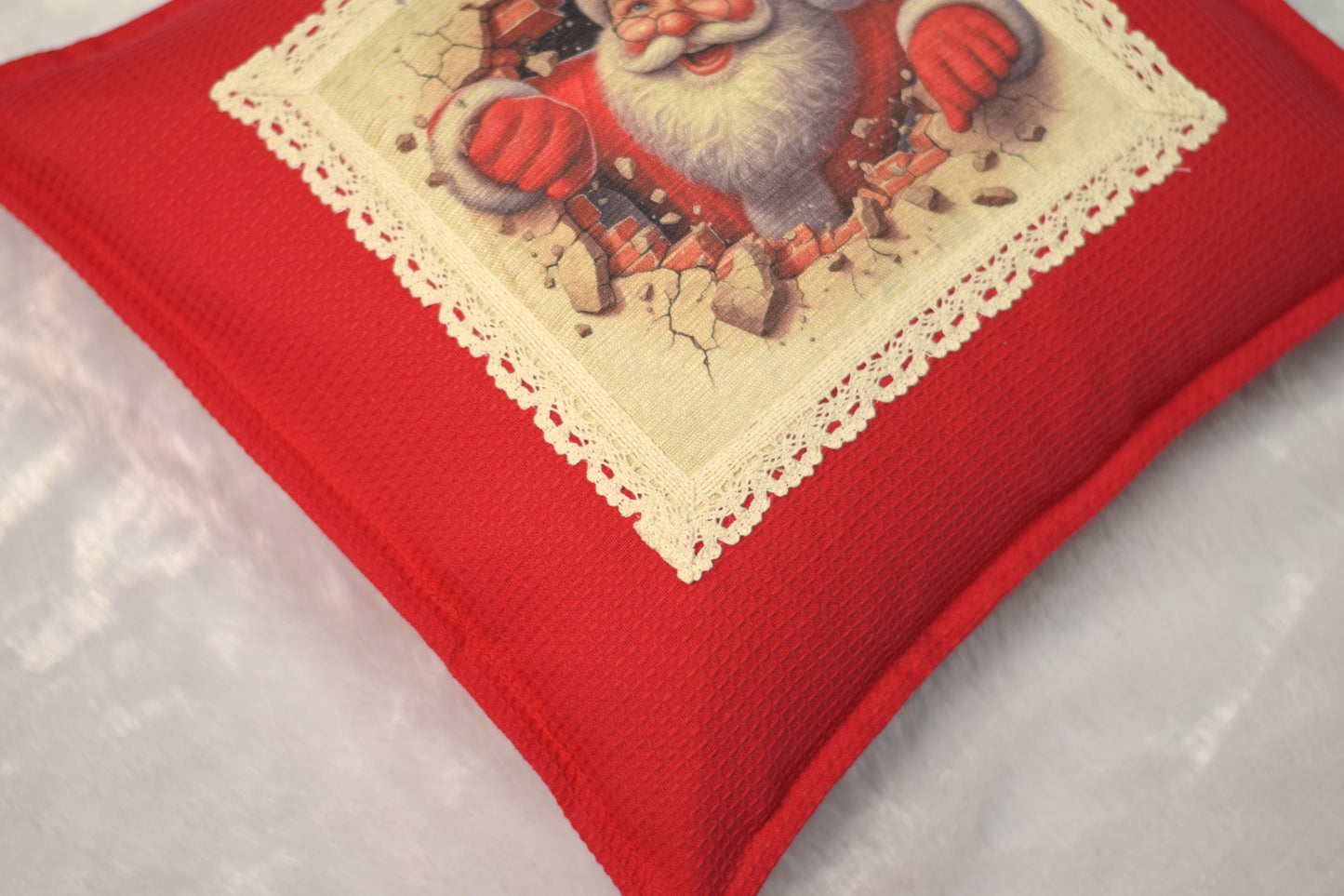 "Santa Breaks Through!" Christmas Cushion Cover | Red Honeycomb Fabric | 16x16 Holiday Decor