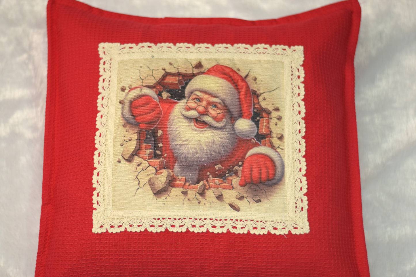 "Santa Breaks Through!" Christmas Cushion Cover | Red Honeycomb Fabric | 16x16 Holiday Decor