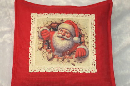 "Santa Breaks Through!" Christmas Cushion Cover | Red Honeycomb Fabric | 16x16 Holiday Decor
