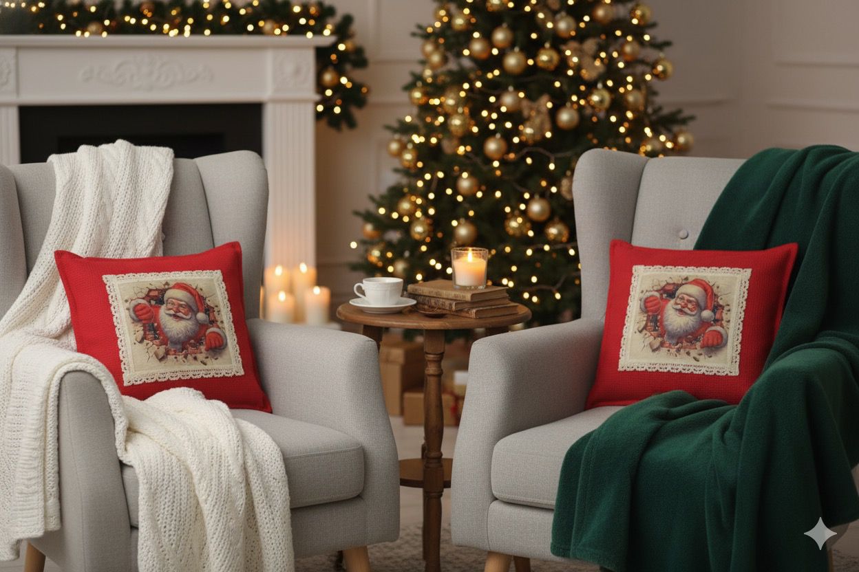 "Santa Breaks Through!" Christmas Cushion Cover | Red Honeycomb Fabric | 16x16 Holiday Decor