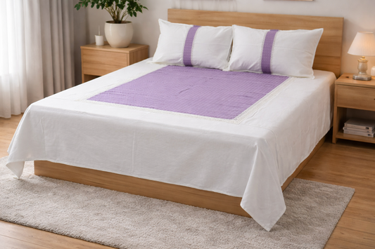 Elegant White &Lavender King Size Bedspread Set with Lace Border