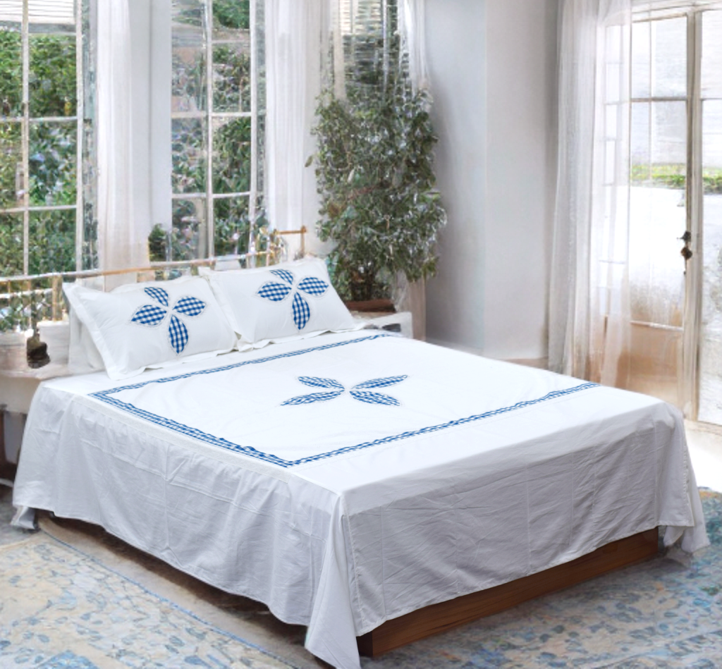 Premium Cotton King Size Bedsheet with Blue Checkered Floral Appliqué & Pillow Covers