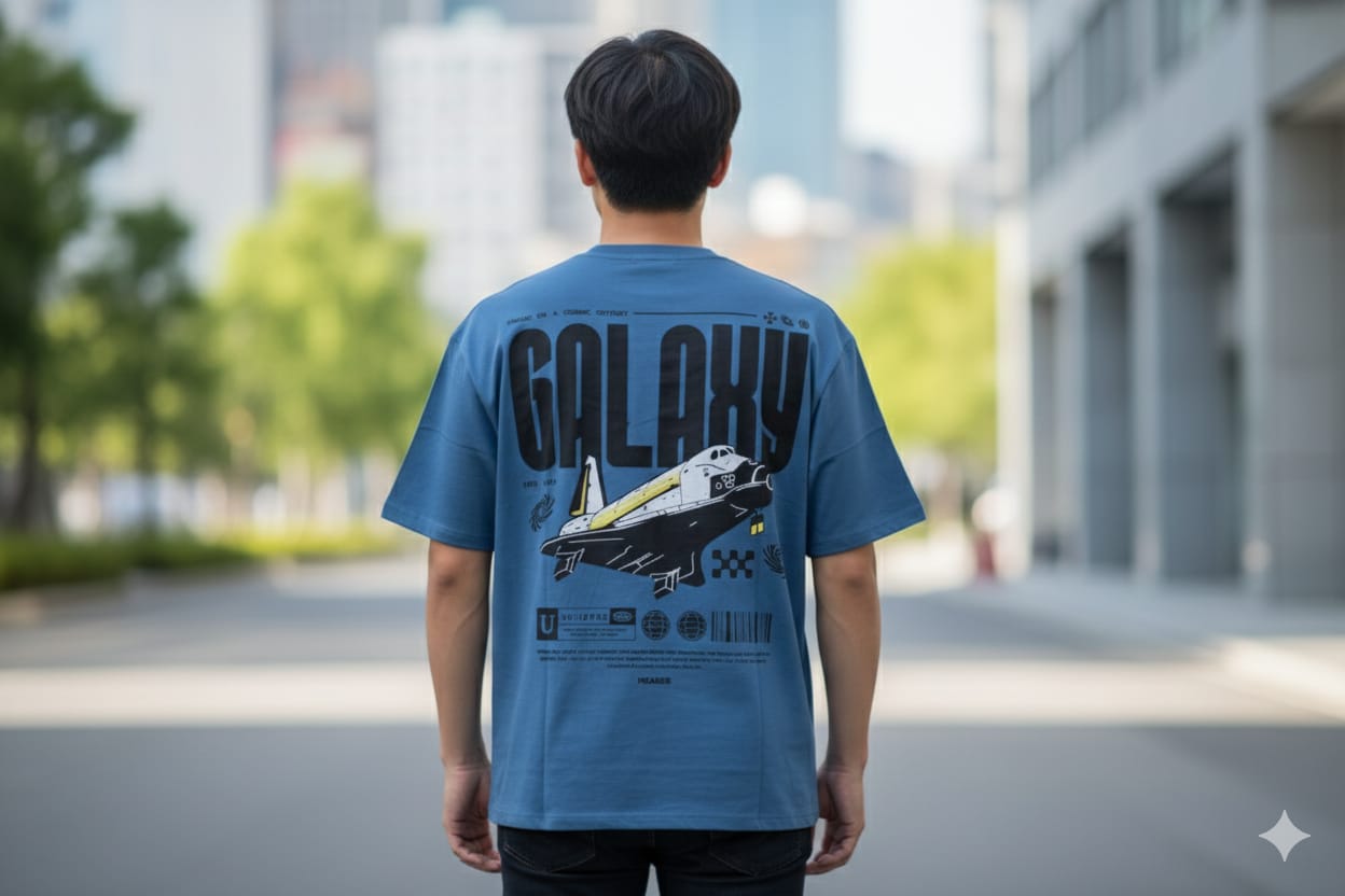 Men’s Galaxy Graphic Oversized T-Shirt – Space Shuttle Print | Blue