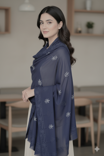 Elegant Navy Blue Georgette Shawl with Subtle Leaf Embroidery And print