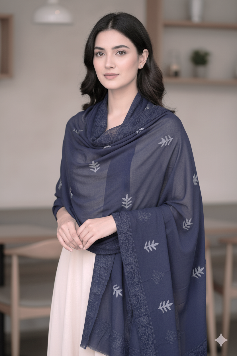 Elegant Navy Blue Georgette Shawl with Subtle Leaf Embroidery And print