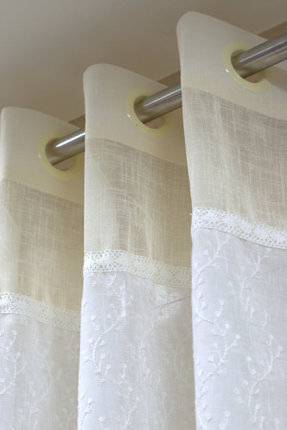 Elegant Off-White Semi Linen Door Curtain with Floral Embroidery | 4×7 Ft Eyelet Curtain