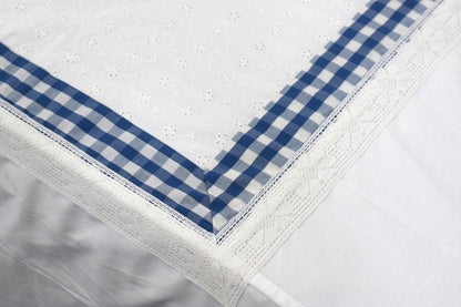 Premium Cotton King Size Bedsheet with Blue Checkered Floral Appliqué & Pillow Covers