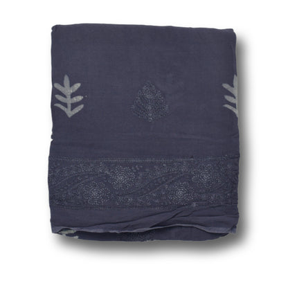 Elegant Navy Blue Georgette Shawl with Subtle Leaf Embroidery And print