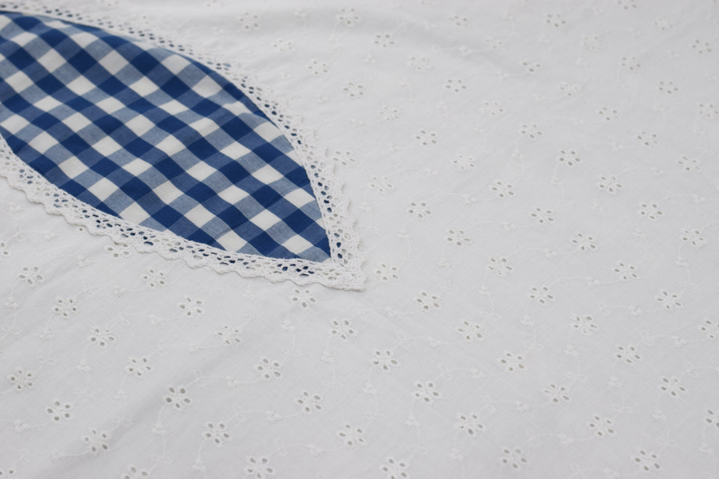 Premium Cotton King Size Bedsheet with Blue Checkered Floral Appliqué & Pillow Covers