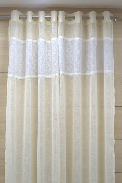 Elegant Off-White Semi Linen Door Curtain with Floral Embroidery | 4×7 Ft Eyelet Curtain