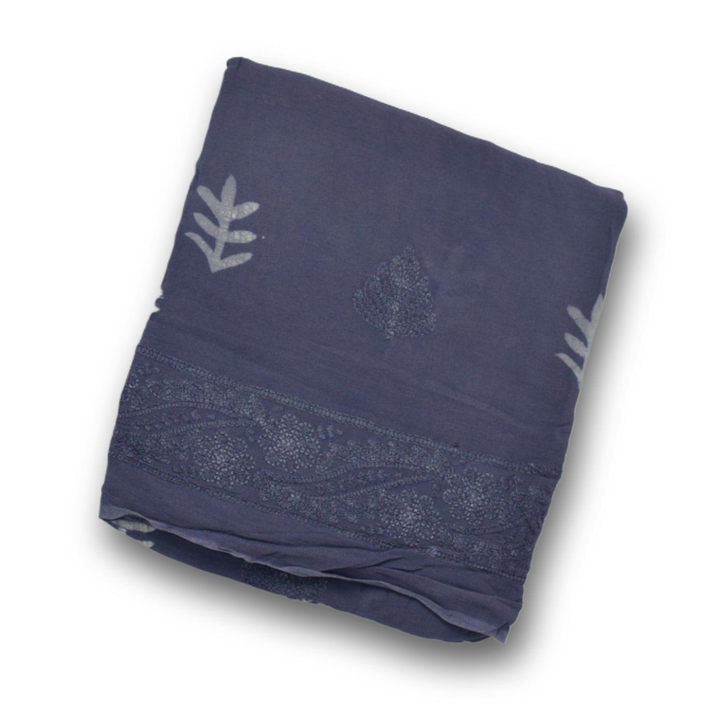 Elegant Navy Blue Georgette Shawl with Subtle Leaf Embroidery And print
