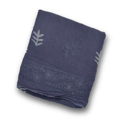 Elegant Navy Blue Georgette Shawl with Subtle Leaf Embroidery And print