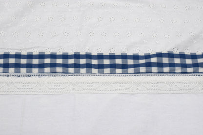 Premium Cotton King Size Bedsheet with Blue Checkered Floral Appliqué & Pillow Covers