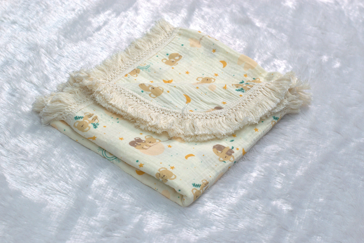 Soft Cotton Muslin Baby Swaddle Cloth with Teddy Print | 100 × 90 cm