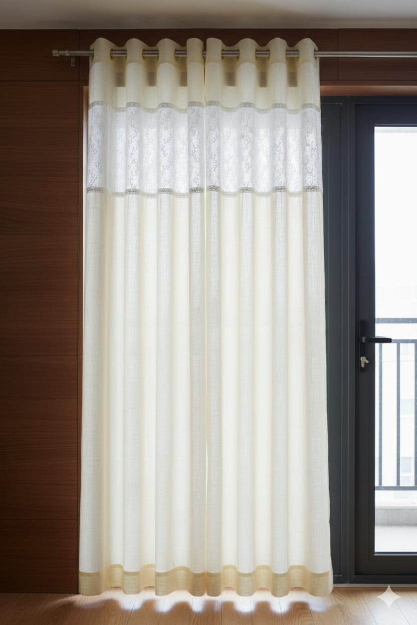 Elegant Off-White Semi Linen Door Curtain with Floral Embroidery | 4×7 Ft Eyelet Curtain