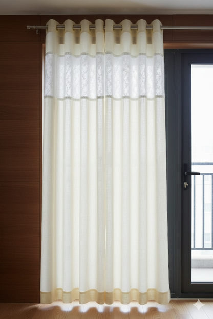 Elegant Off-White Semi Linen Door Curtain with Floral Embroidery | 4×7 Ft Eyelet Curtain