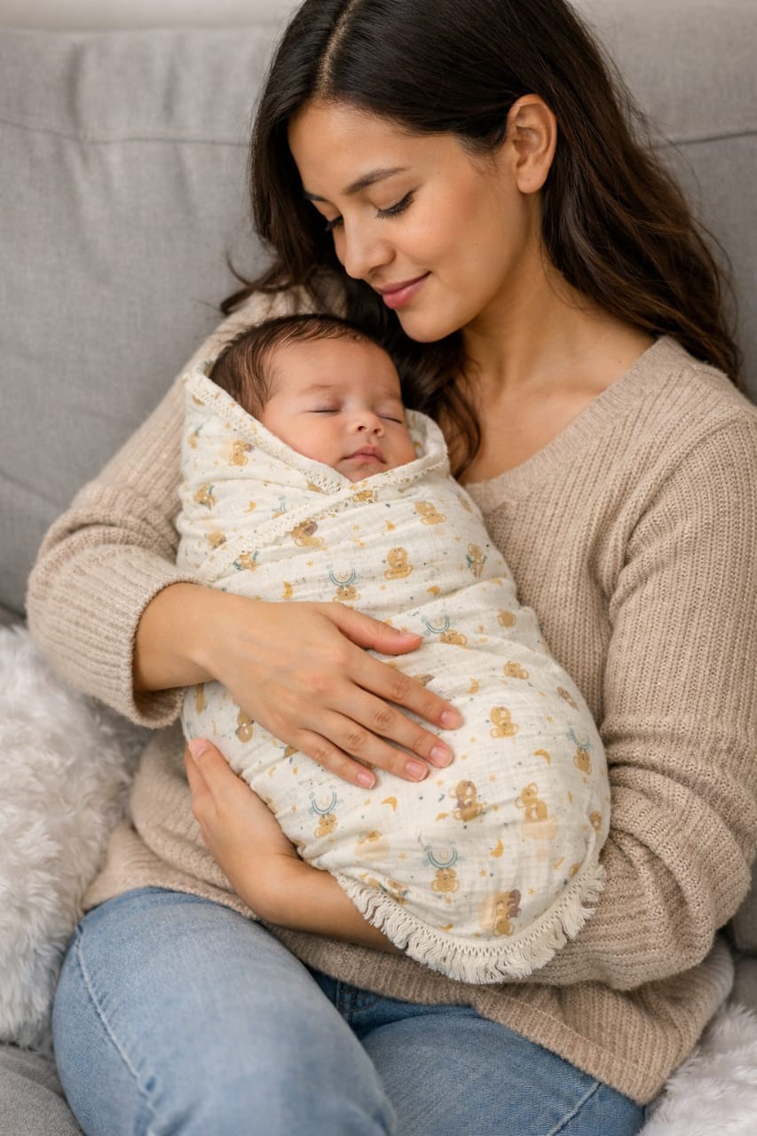 Soft Cotton Muslin Baby Swaddle Cloth with Teddy Print | 100 × 90 cm