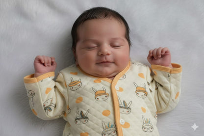 Soft Cotton Quilted Baby Jhabla (3–6 Months) – Cute Bunny Print, Front Open