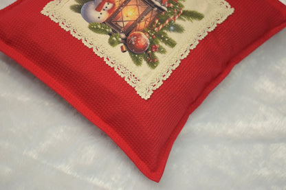 Festive Honeycomb Red Christmas Lantern & Snowman Cushion Cover (16x16)