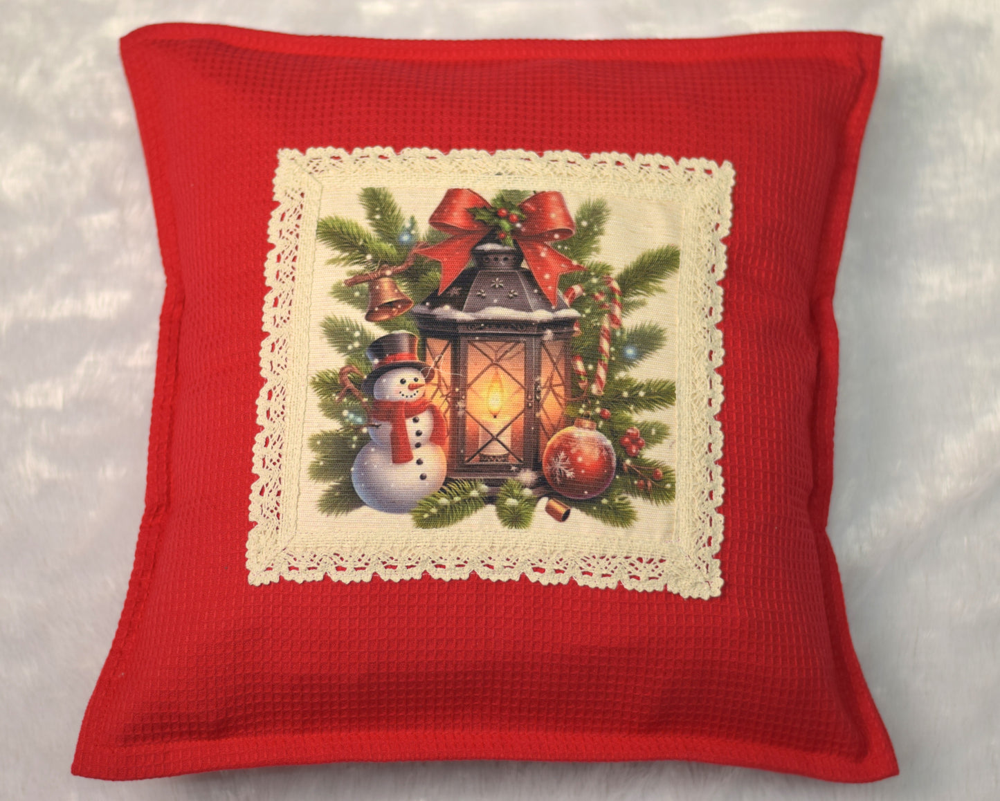 Festive Honeycomb Red Christmas Lantern & Snowman Cushion Cover (16x16)