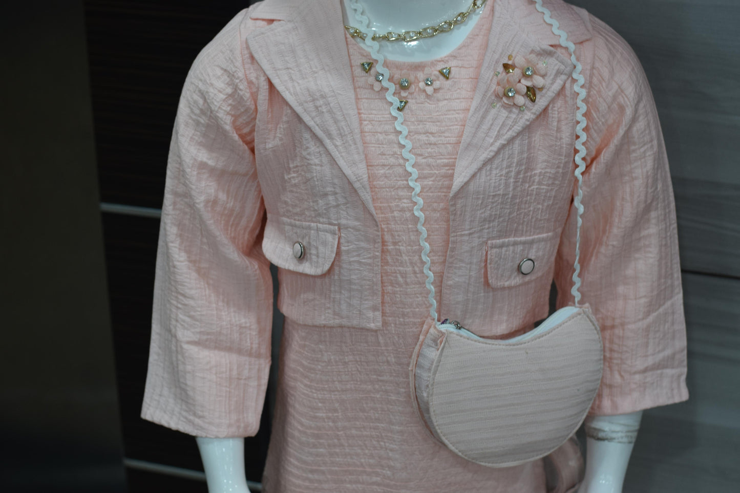 Girls Peach Textured Frock with Jacket &  Embroidered Floral Design