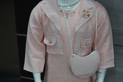 Girls Peach Textured Frock with Jacket &  Embroidered Floral Design
