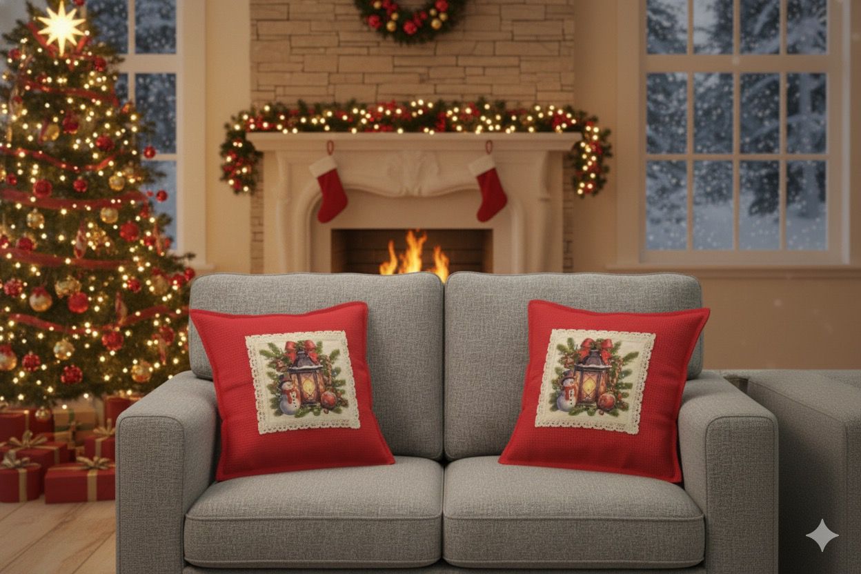 Festive Honeycomb Red Christmas Lantern & Snowman Cushion Cover (16x16)