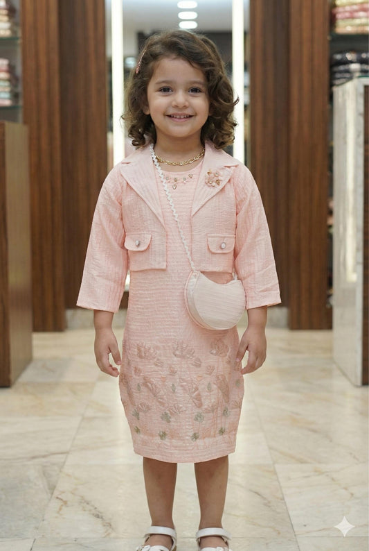 Girls Peach Textured Frock with Jacket &  Embroidered Floral Design