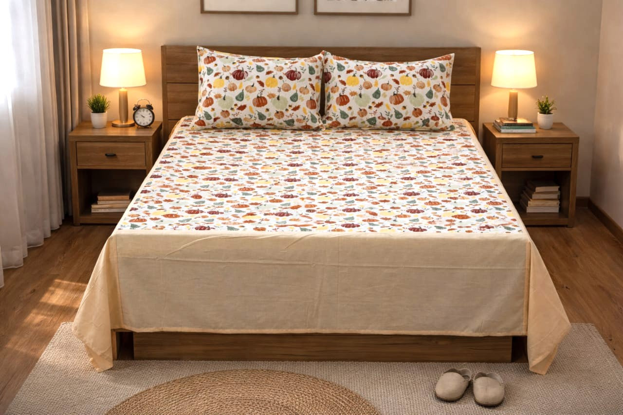 Autumn Pumpkin Print King Size Bedspread with Matching Pillow Covers