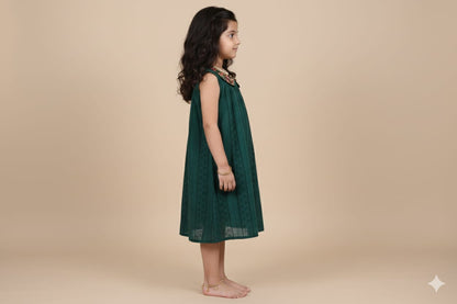 Girls Dark Green Embroidered A-Line Cotton Frock