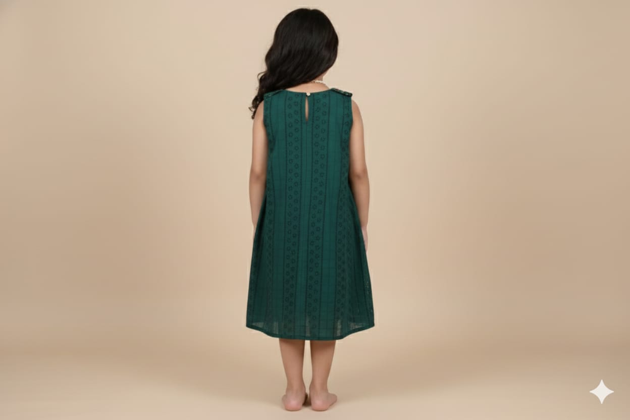 Girls Dark Green Embroidered A-Line Cotton Frock