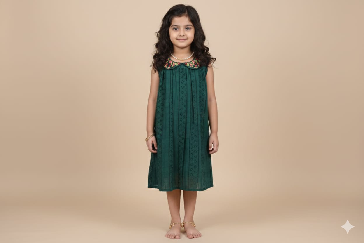 Girls Dark Green Embroidered A-Line Cotton Frock