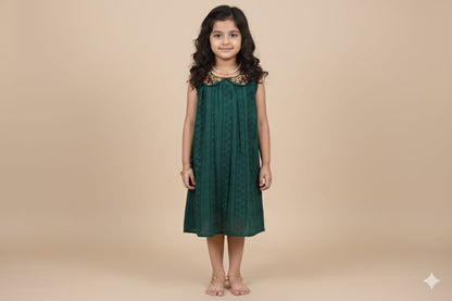 Girls Dark Green Embroidered A-Line Cotton Frock