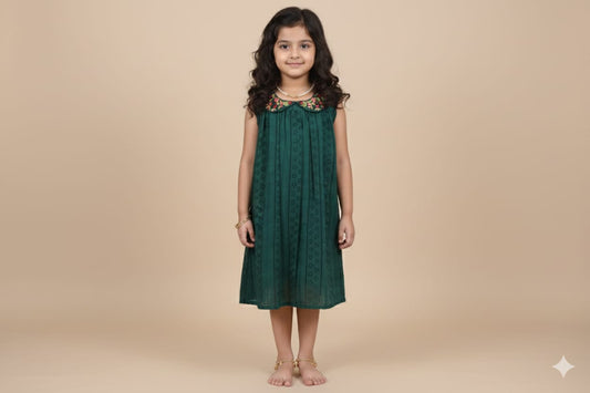 Girls Dark Green Embroidered A-Line Cotton Frock