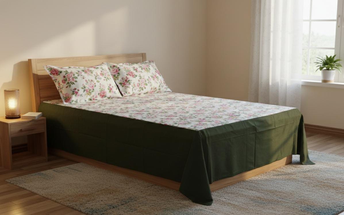 Floral Cotton King Size Bedspread – Soft Printed Bedsheet with Elegant Rose Design