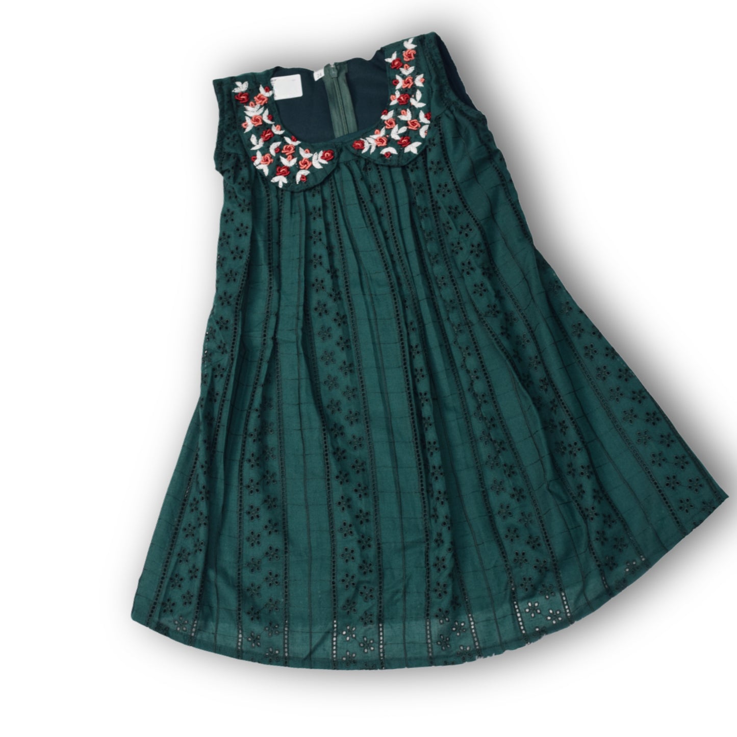 Girls Dark Green Embroidered A-Line Cotton Frock