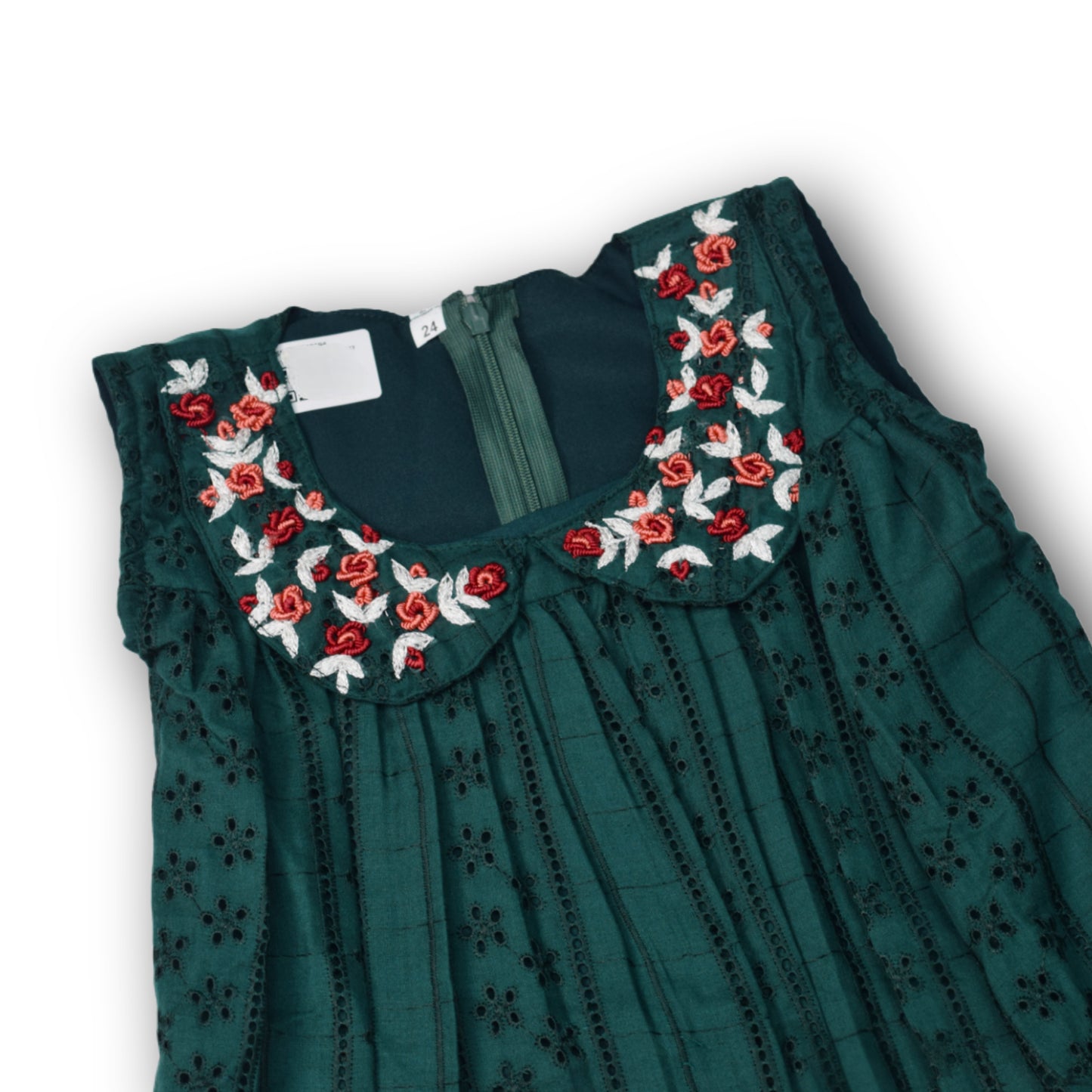 Girls Dark Green Embroidered A-Line Cotton Frock