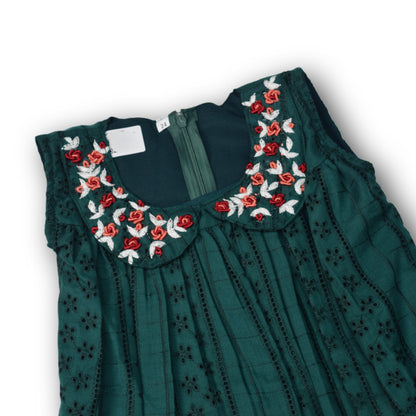 Girls Dark Green Embroidered A-Line Cotton Frock
