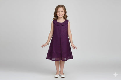 Girls Purple Embroidered A-Line Frock with Peter Pan Collar