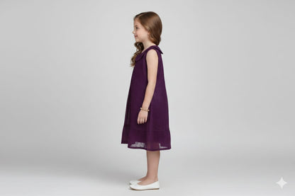 Girls Purple Embroidered A-Line Frock with Peter Pan Collar