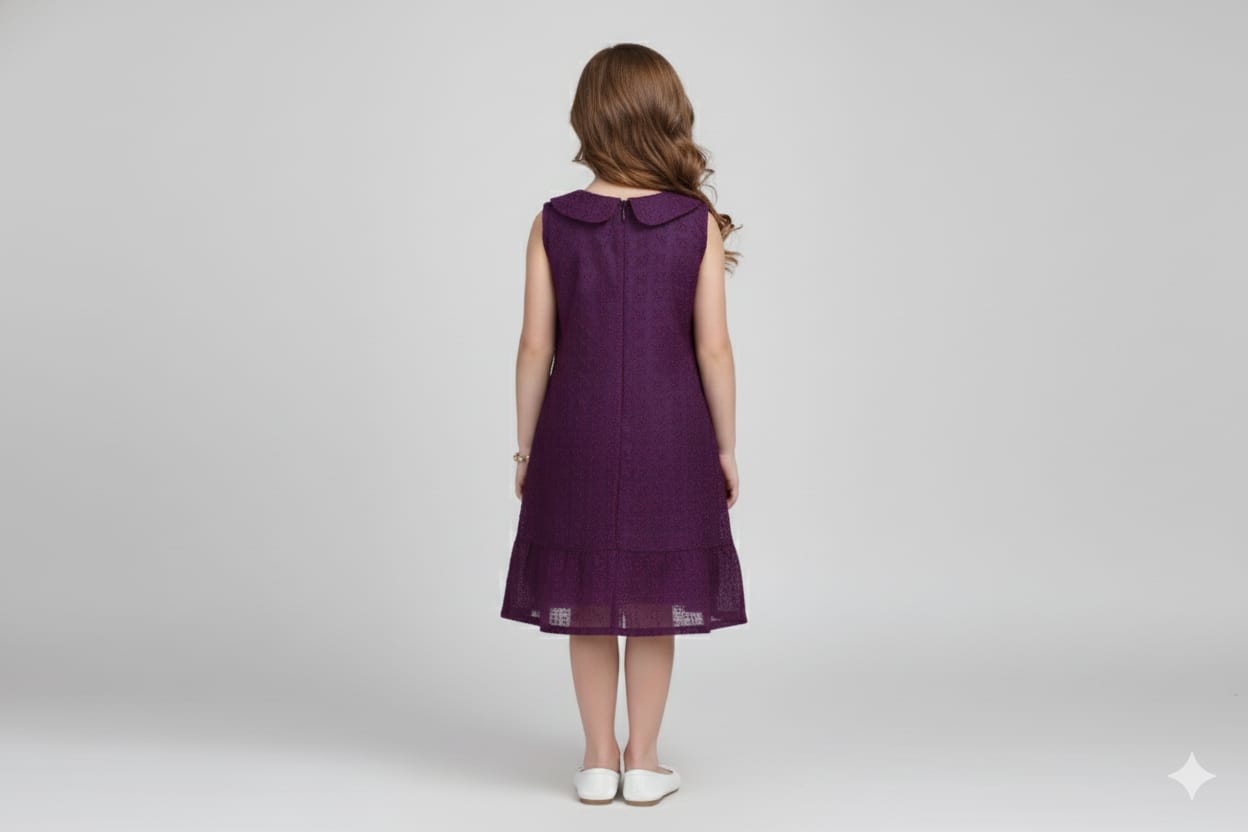 Girls Purple Embroidered A-Line Frock with Peter Pan Collar
