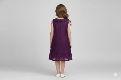 Girls Purple Embroidered A-Line Frock with Peter Pan Collar