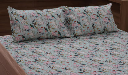 Floral Bird Print King Size Bedspread – Soft Cotton Feel, Elegant Home Décor